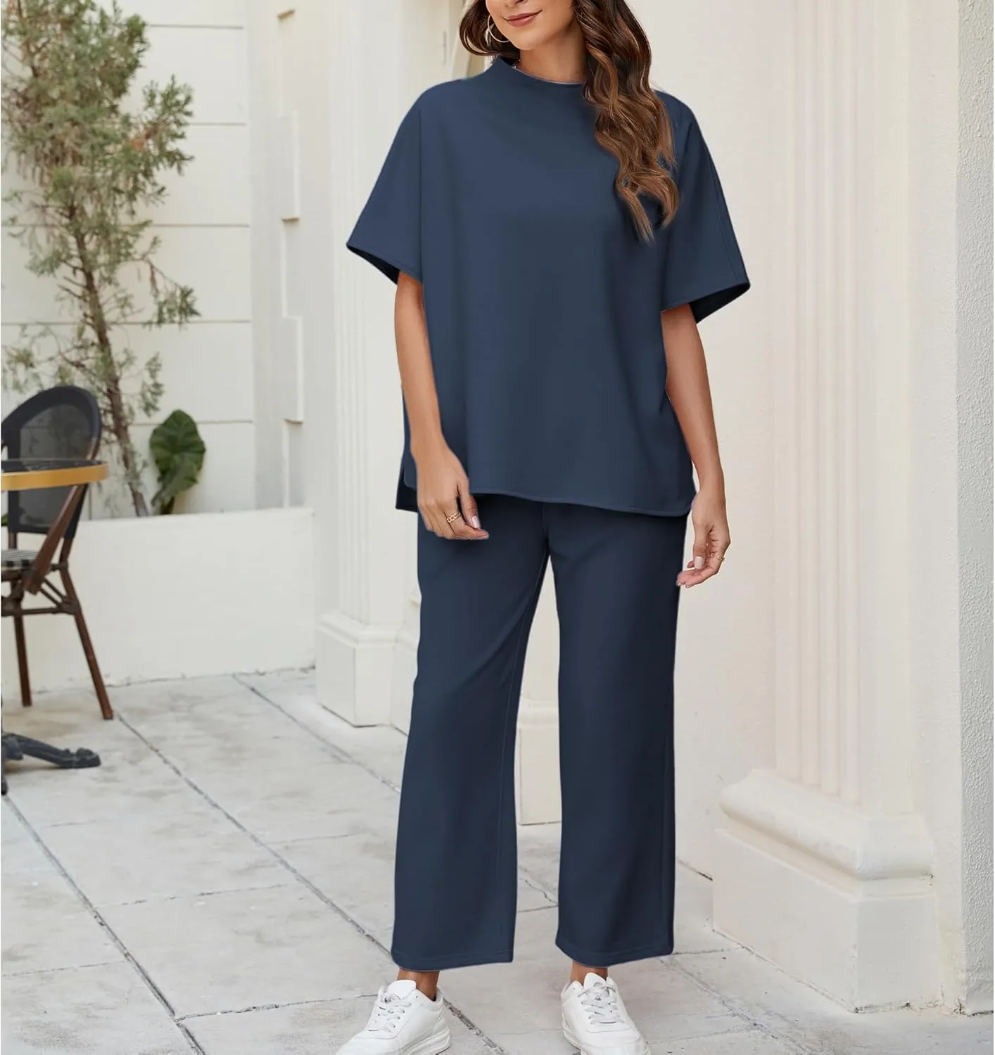 Songling 2 Piece Sets For Women Short Sleeve Pullover Tops and Wide Leg Pants Travel Lounge Matching Set With Pockets