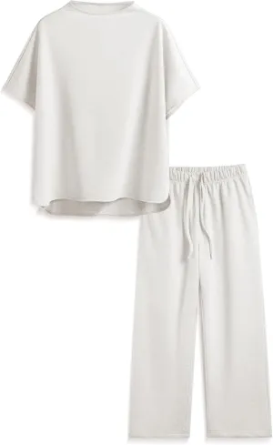 Songling 2 Piece Sets For Women Short Sleeve Pullover Tops and Wide Leg Pants Travel Lounge Matching Set With Pockets