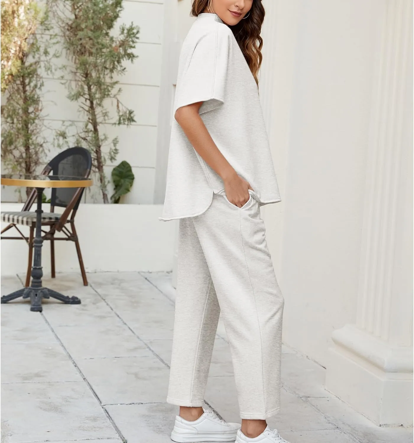 Songling 2 Piece Sets For Women Short Sleeve Pullover Tops and Wide Leg Pants Travel Lounge Matching Set With Pockets