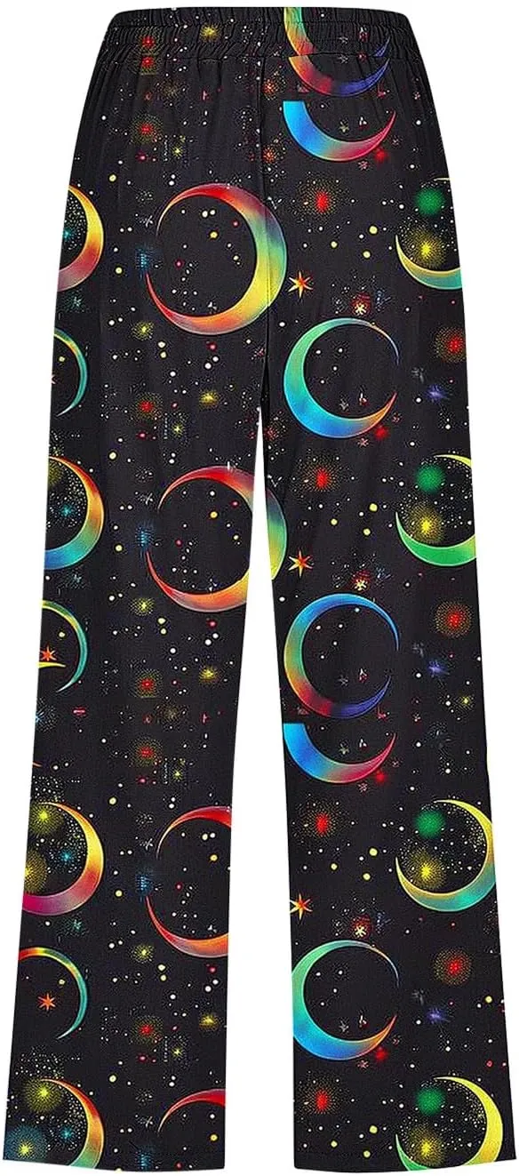 Star Universe Printed Capri Pants for Women Drawstring Straight Wide Leg Pant High Waist Casual Beach Trousers Lounge