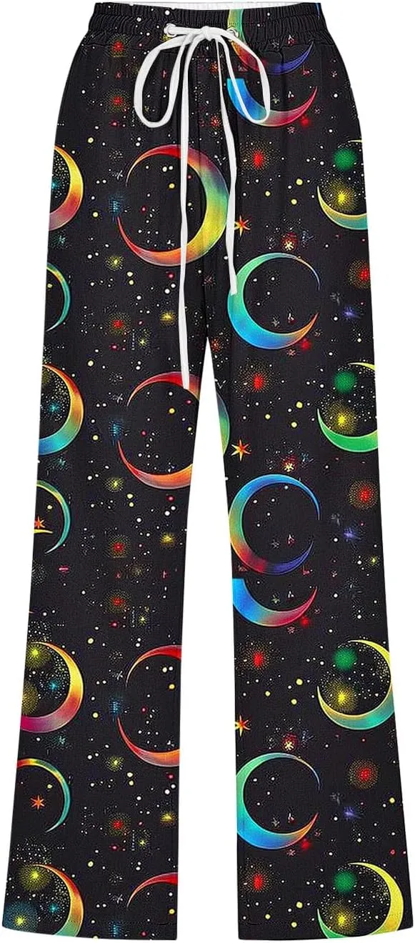Star Universe Printed Capri Pants for Women Drawstring Straight Wide Leg Pant High Waist Casual Beach Trousers Lounge