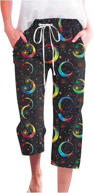 Star Universe Printed Capri Pants for Women Drawstring Straight Wide Leg Pant High Waist Casual Beach Trousers Lounge