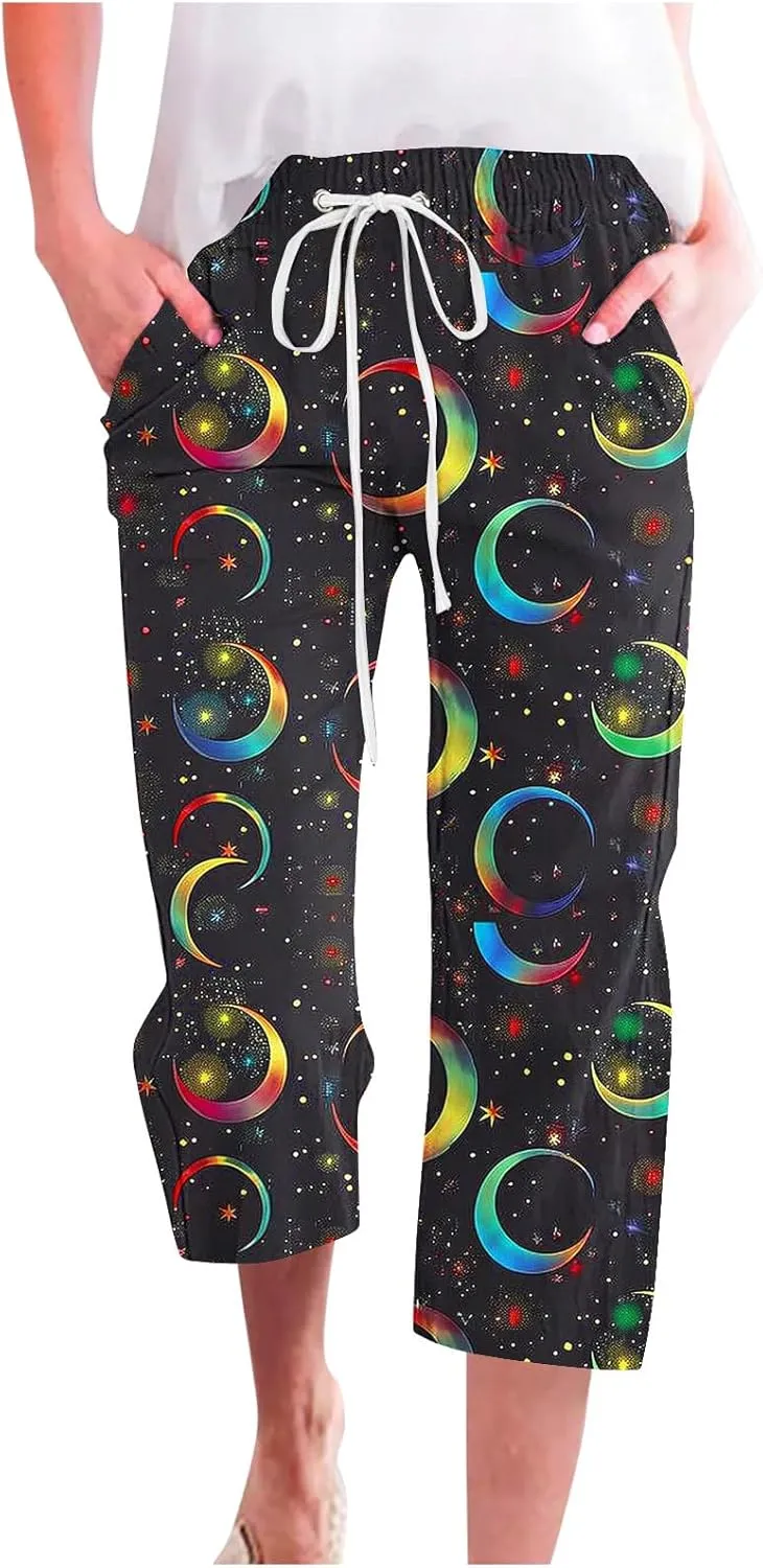 Star Universe Printed Capri Pants for Women Drawstring Straight Wide Leg Pant High Waist Casual Beach Trousers Lounge