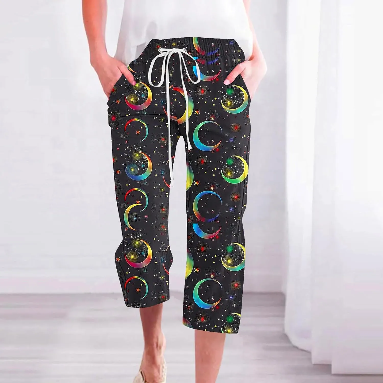 Star Universe Printed Capri Pants for Women Drawstring Straight Wide Leg Pant High Waist Casual Beach Trousers Lounge