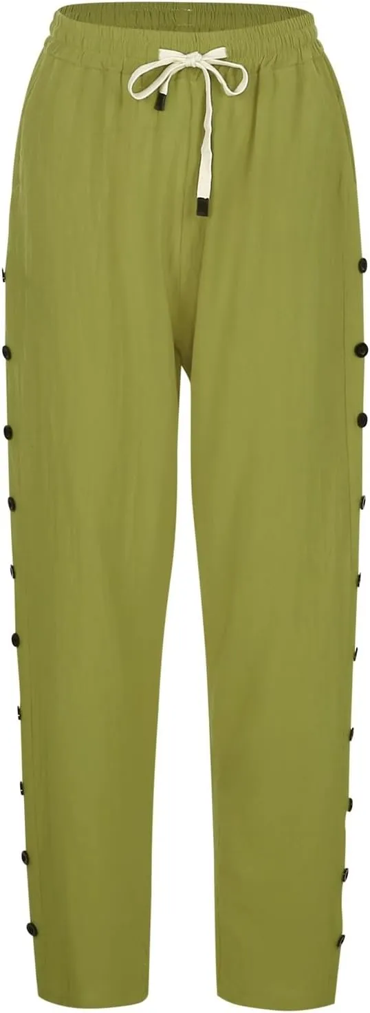 Summer Capri Pants for Women 2025 Linen Straight Leg Loose Casual Pants Casual Lounge Travel Trousers with Pockets