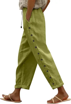 Summer Capri Pants for Women 2025 Linen Straight Leg Loose Casual Pants Casual Lounge Travel Trousers with Pockets