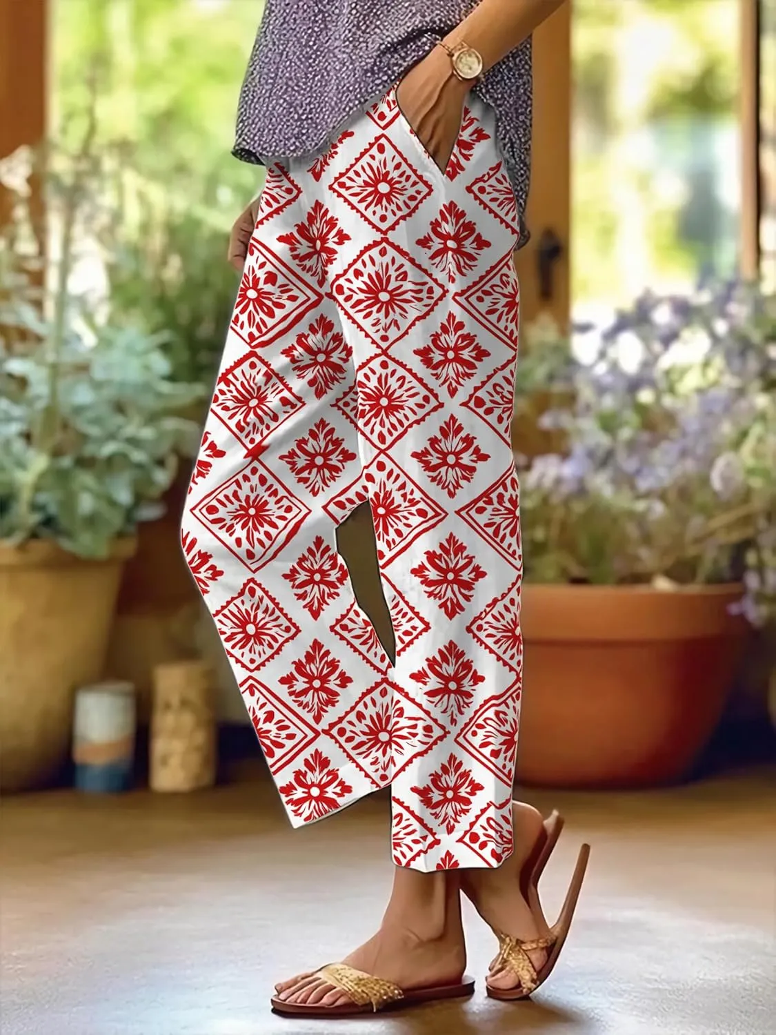 Summer Linen Pants for Women Casual Wide Leg Pants Plus Size Palazzo Pants Drawstring Elastic Waist Boho Pants