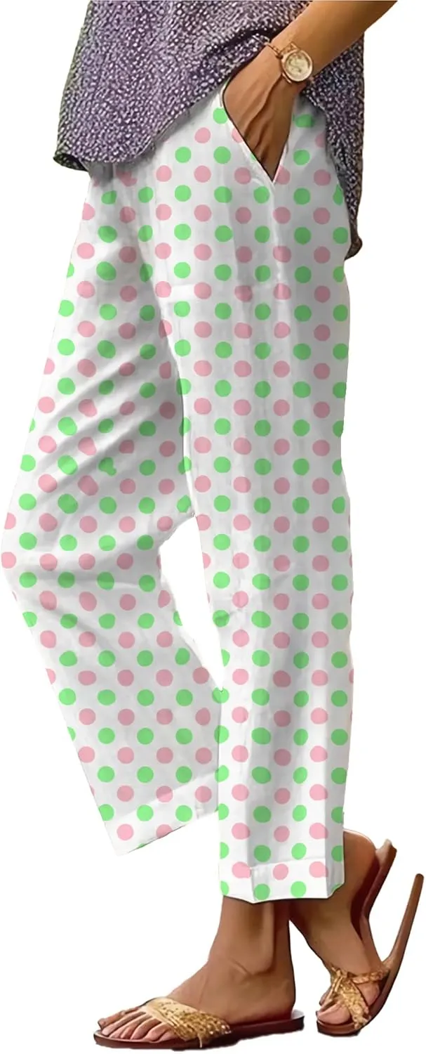 Summer Linen Pants for Women Casual Wide Leg Pants Plus Size Palazzo Pants Drawstring Elastic Waist Boho Pants