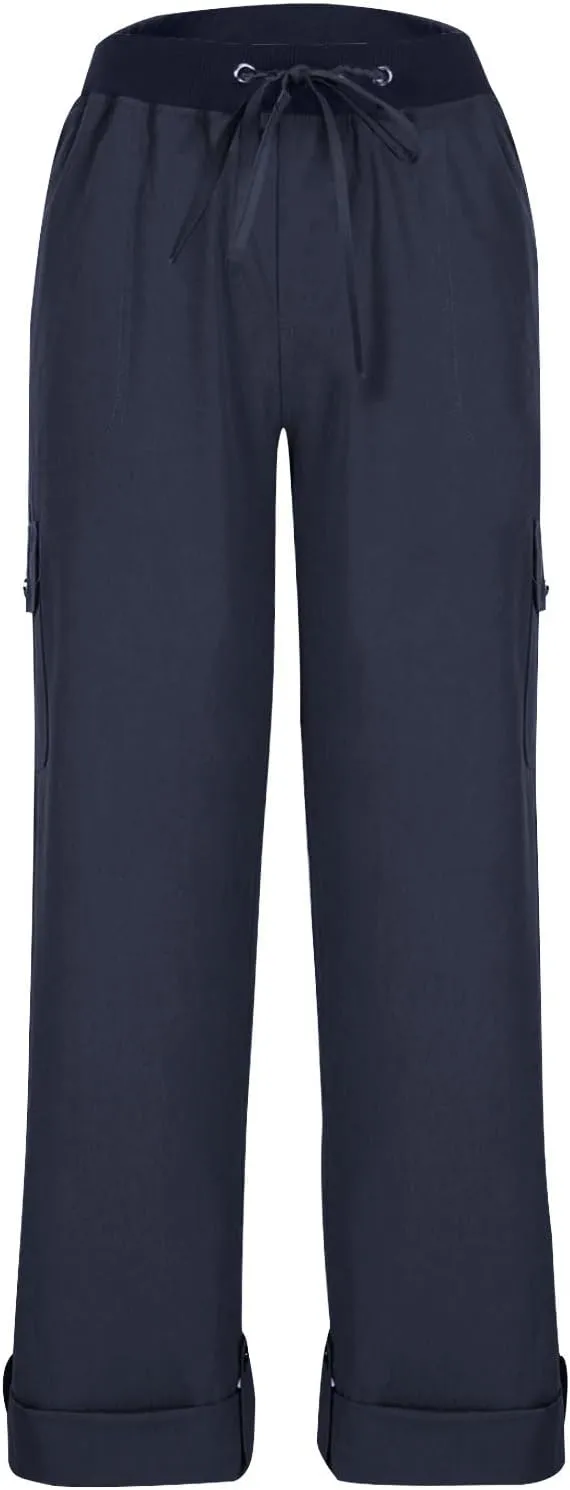Summer Pants for Women 2024 Trendy High Waisted Drastring Pants Elastic Solid Button-On Trousers with Big Pockets