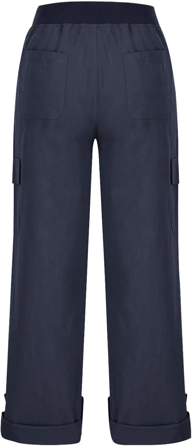 Summer Pants for Women 2024 Trendy High Waisted Drastring Pants Elastic Solid Button-On Trousers with Big Pockets