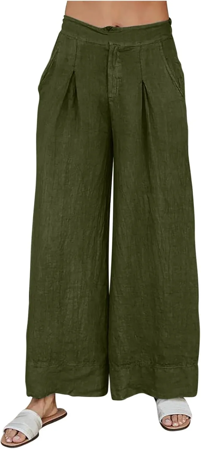 Summer Pants for Women 2024 Trendy High Waisted Drastring Pants Elastic Solid Button-On Trousers with Big Pockets