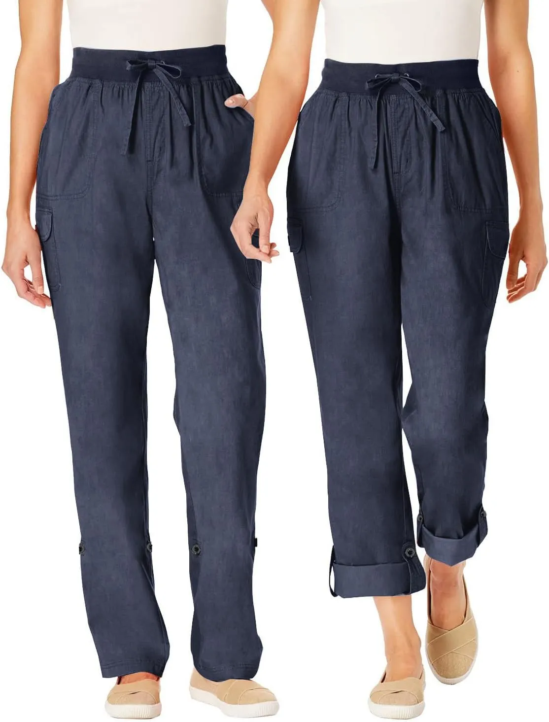 Summer Pants for Women 2024 Trendy High Waisted Drastring Pants Elastic Solid Button-On Trousers with Big Pockets