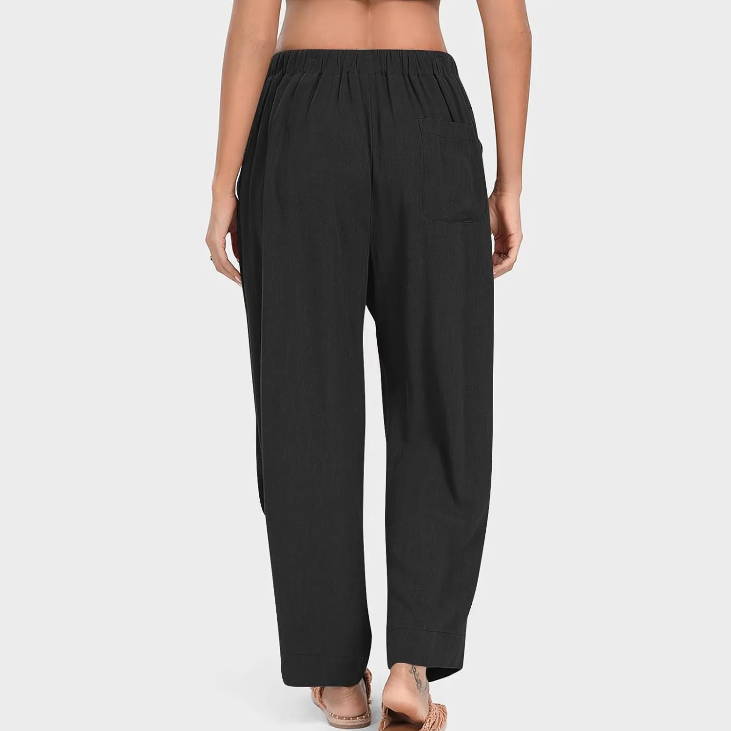 Summer Pants for Womens Cotton Linen Drawstring Straight Leg Trousers Loose Fit Breathable Outing Pants with Pockets