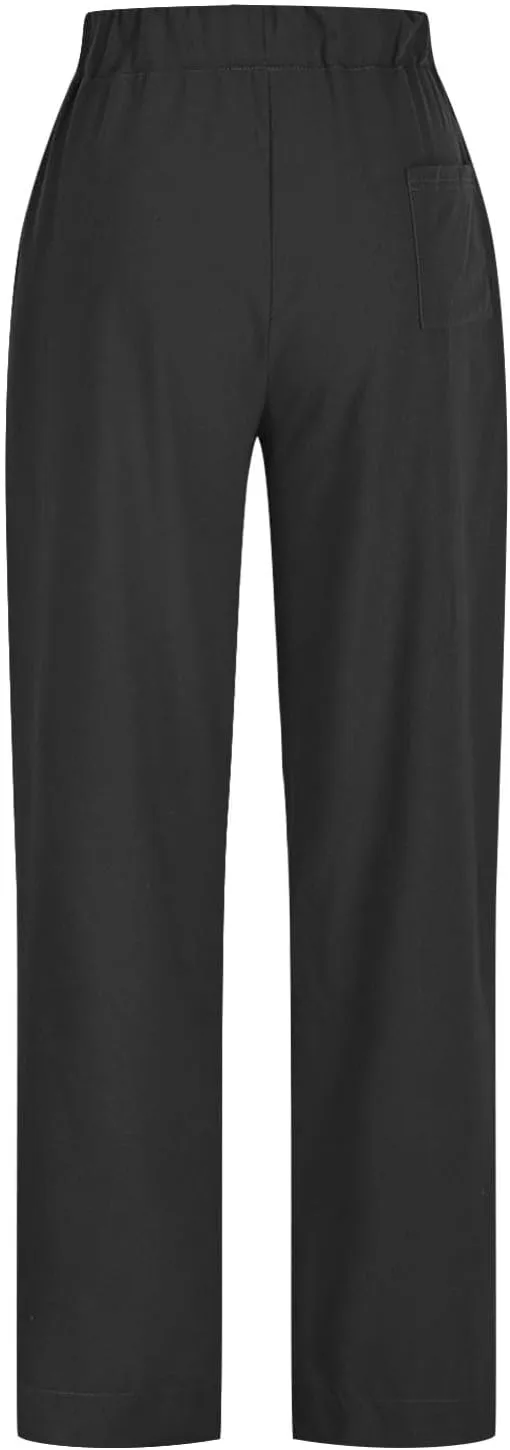 Summer Pants for Womens Cotton Linen Drawstring Straight Leg Trousers Loose Fit Breathable Outing Pants with Pockets