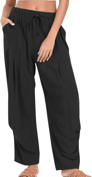 Summer Pants for Womens Cotton Linen Drawstring Straight Leg Trousers Loose Fit Breathable Outing Pants with Pockets