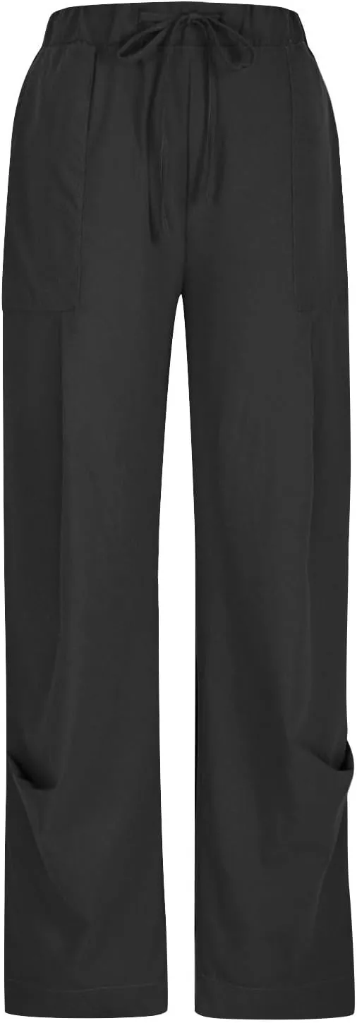 Summer Pants for Womens Cotton Linen Drawstring Straight Leg Trousers Loose Fit Breathable Outing Pants with Pockets