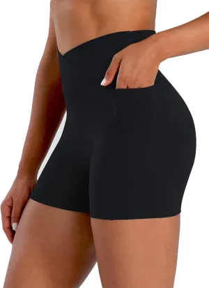 Sunzel Hidden Butt Lifting Scrunch Biker Shorts Women with Pockets Crossover High Waist Yoga Gym Workout Tummy Control Shorts