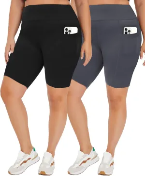TNNZEET 2 Pack Plus Size Biker Shorts for Women - 8" Black High Waisted Tummy Control Spandex Workout Shorts (XL-4XL)