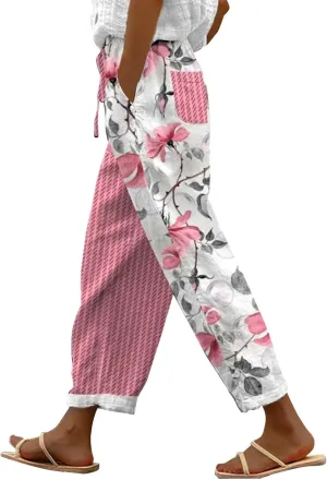 Today Deals Linen Pants Women Summer 2024 Striped Casual Elastic High Waist Straight Leg Loose Boho Trendy Trousers Cropped Trouser, Women1-pink