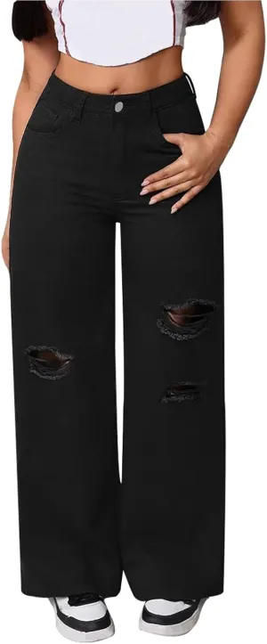 Trendy Ripped Jeans for Womens Straight Wide Leg High Waisted Button Casual Loose Streetwear Denim Pants with Pocket