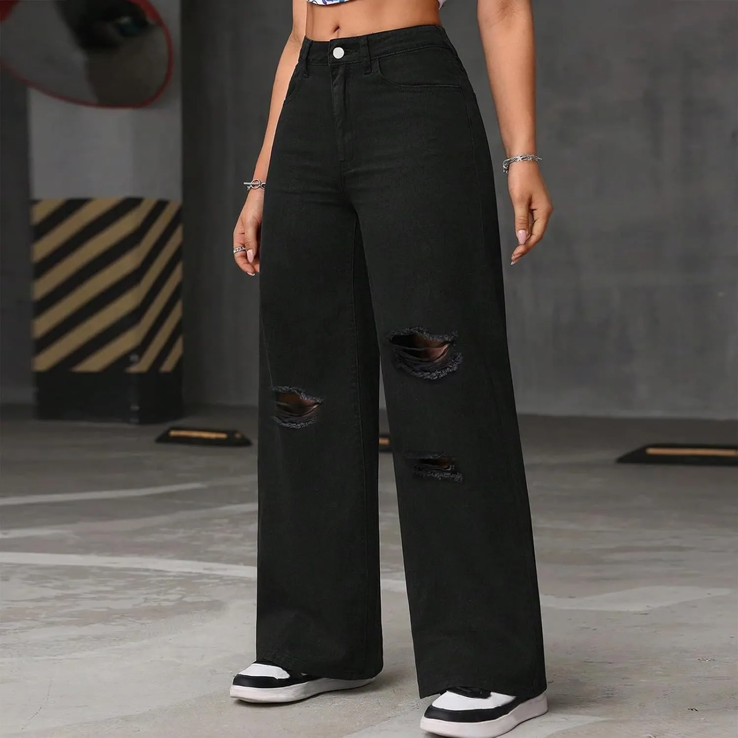 Trendy Ripped Jeans for Womens Straight Wide Leg High Waisted Button Casual Loose Streetwear Denim Pants with Pocket