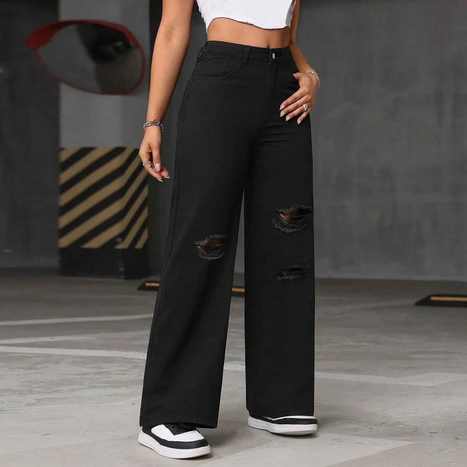 Trendy Ripped Jeans for Womens Straight Wide Leg High Waisted Button Casual Loose Streetwear Denim Pants with Pocket