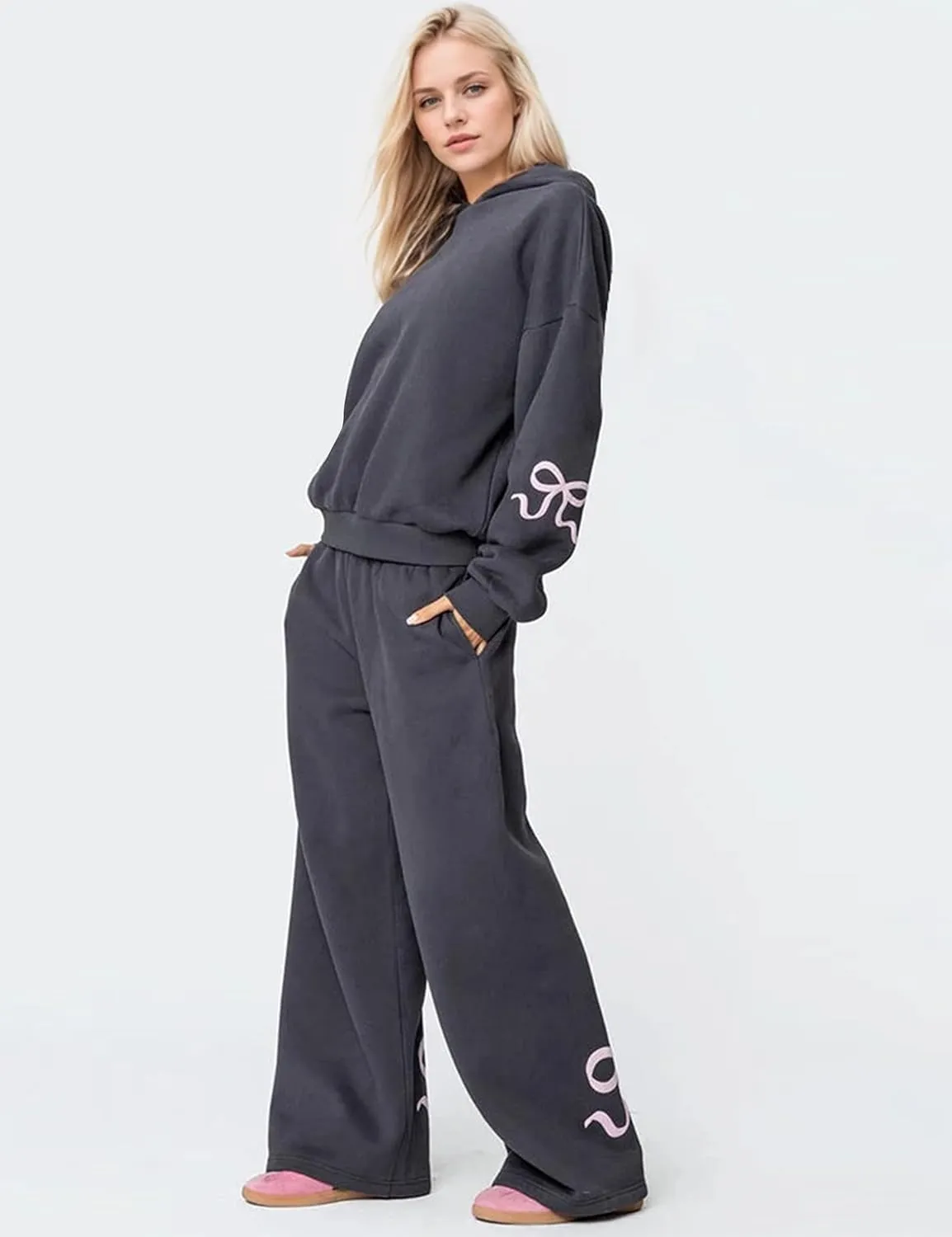 Two Piece Outfits Bow Graphic Print Hoodie Sweatpants Set Oversized Sweatshirt and High Waist Sweatpants Tracksuit