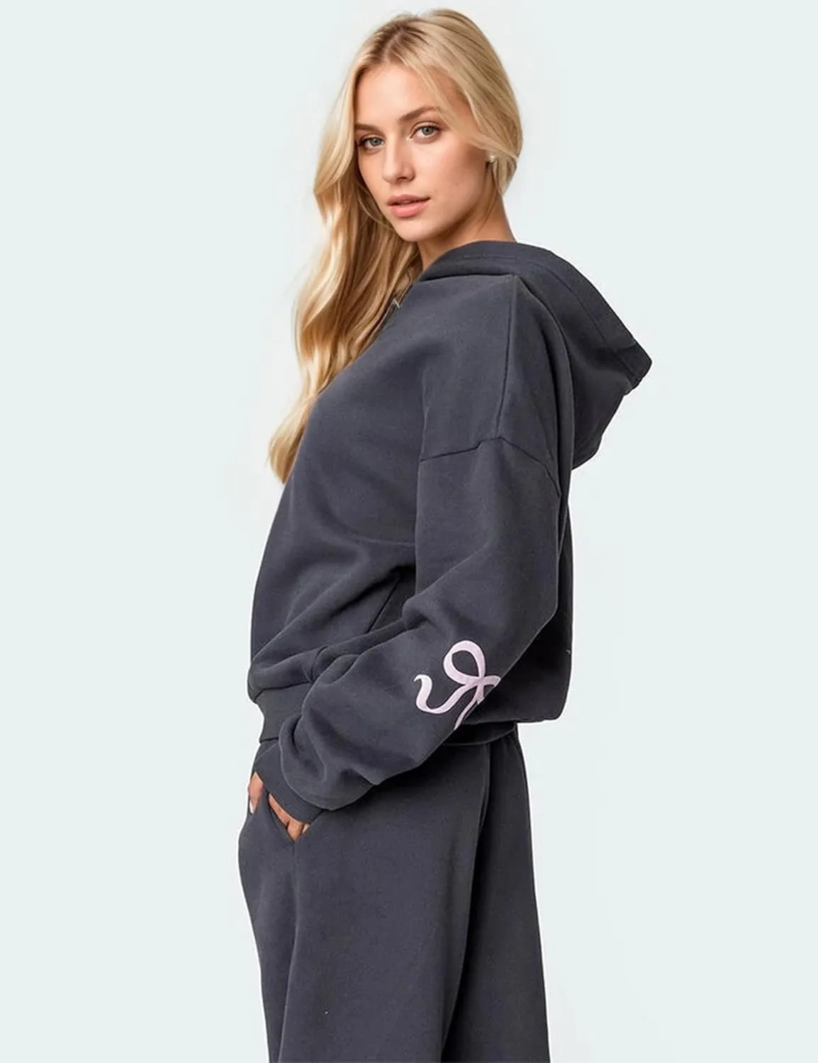 Two Piece Outfits Bow Graphic Print Hoodie Sweatpants Set Oversized Sweatshirt and High Waist Sweatpants Tracksuit