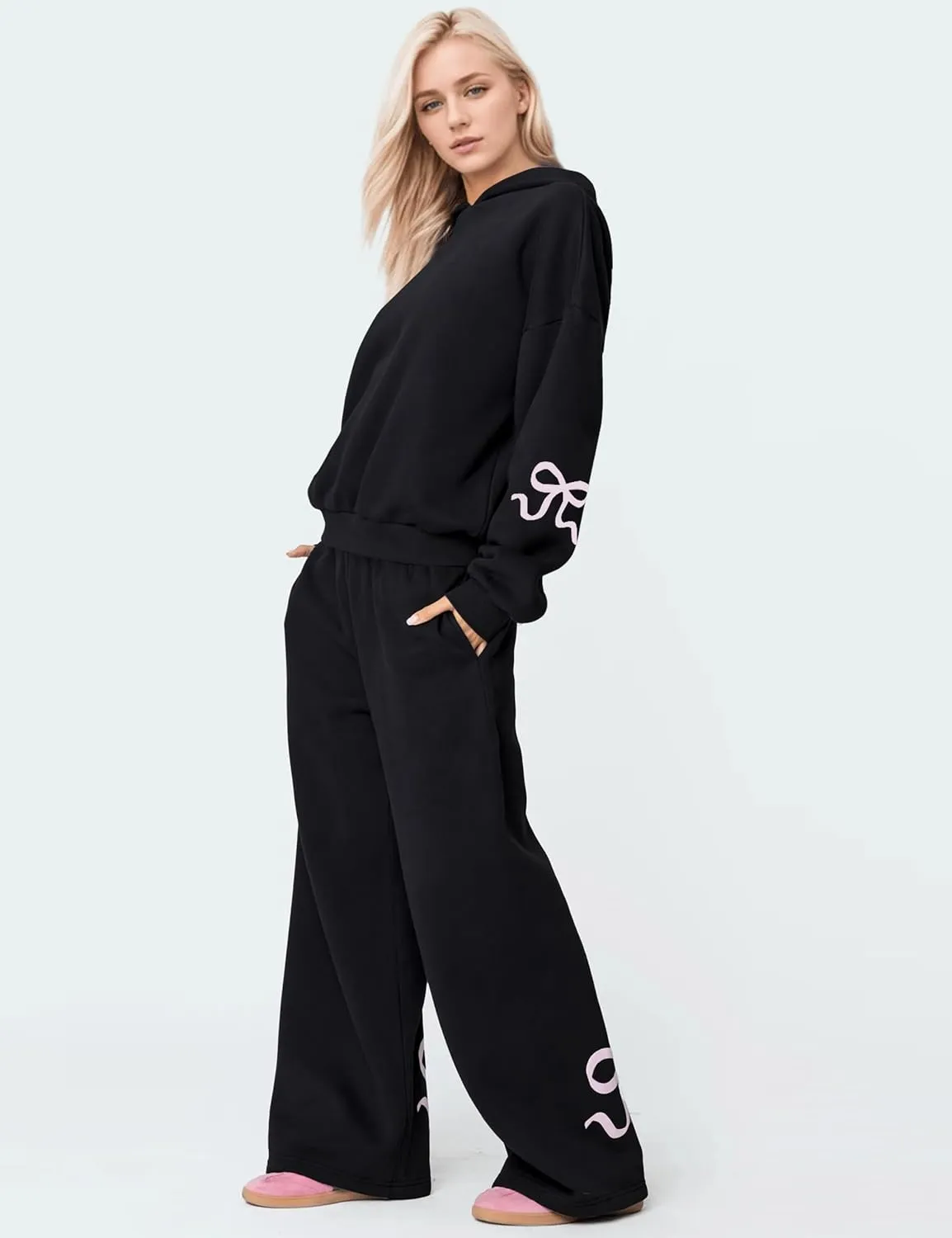 Two Piece Outfits Bow Graphic Print Hoodie Sweatpants Set Oversized Sweatshirt and High Waist Sweatpants Tracksuit