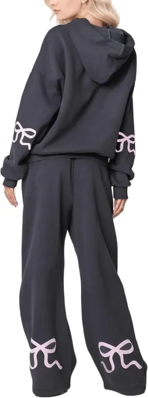 Two Piece Outfits Bow Graphic Print Hoodie Sweatpants Set Oversized Sweatshirt and High Waist Sweatpants Tracksuit