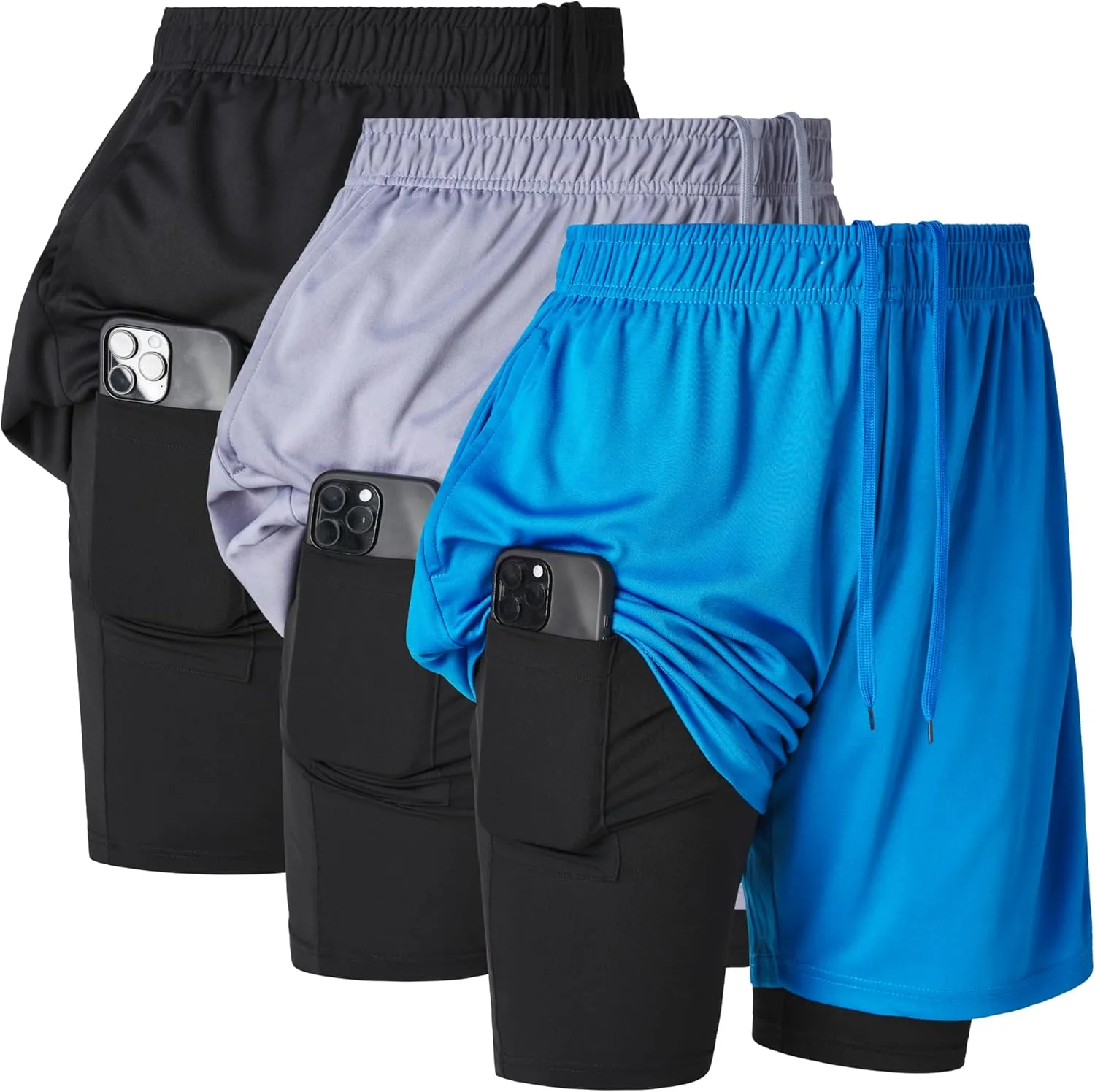 Ultra Performance 3 Pack Mens 2 in 1 Athletic Running Shorts 7 inch Inseam Workout Gym Compression Shorts for Men