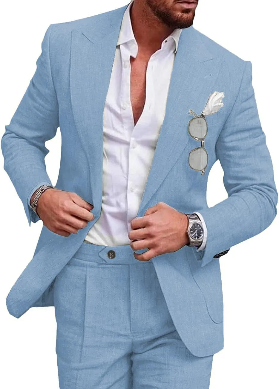UNINUKOO Linen Suit for Men Summer Wedding 2 Piece Suit Set Peak Lapel Casual Blazer Pants Beach Wear for Men