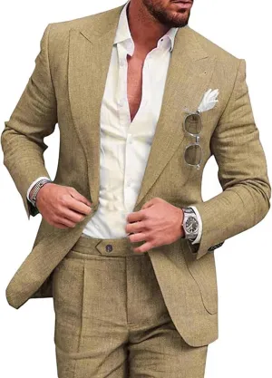 UNINUKOO Linen Suit for Men Summer Wedding 2 Piece Suit Set Peak Lapel Casual Blazer Pants Beach Wear for Men