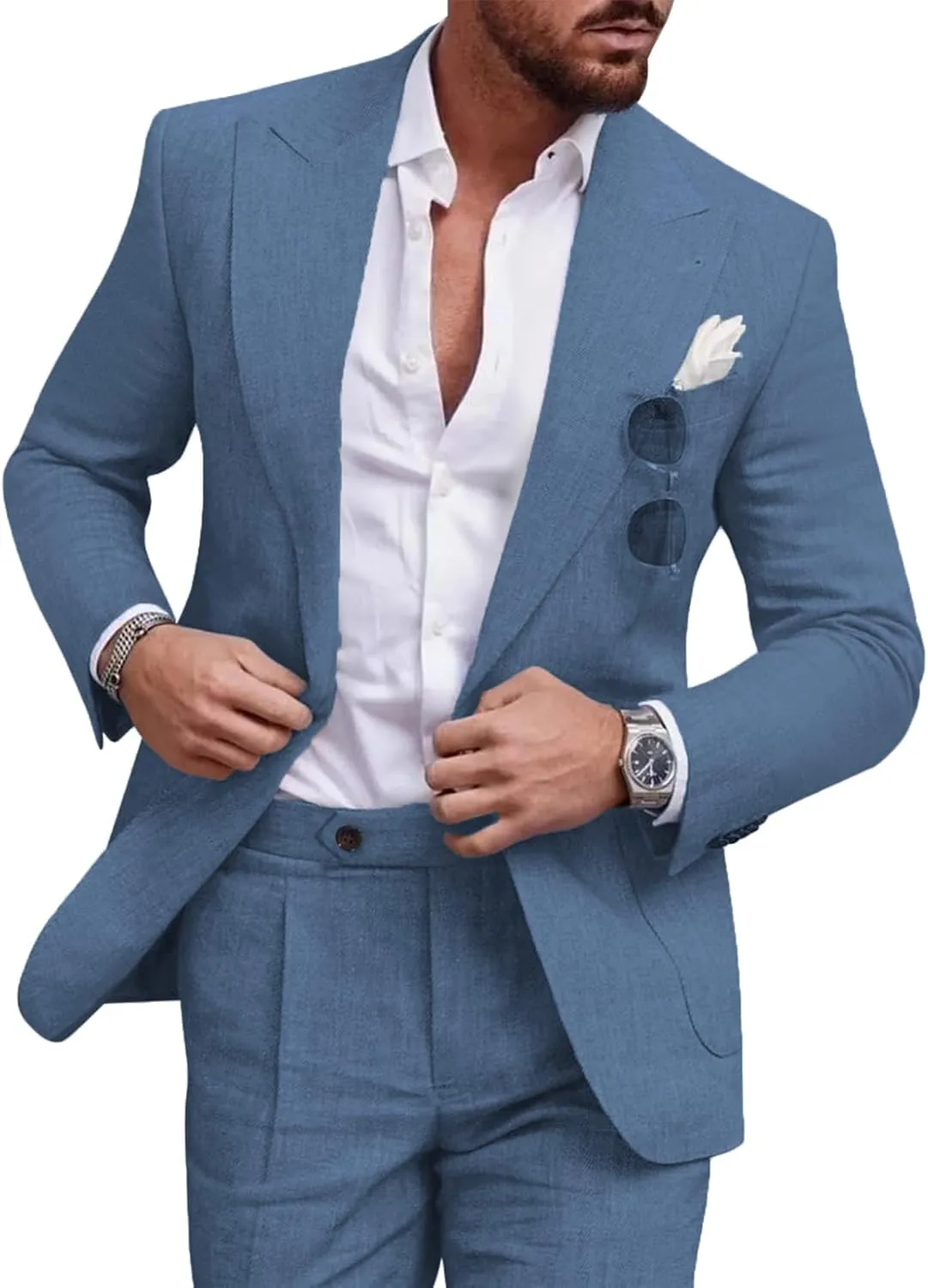 UNINUKOO Linen Suit for Men Summer Wedding 2 Piece Suit Set Peak Lapel Casual Blazer Pants Beach Wear for Men