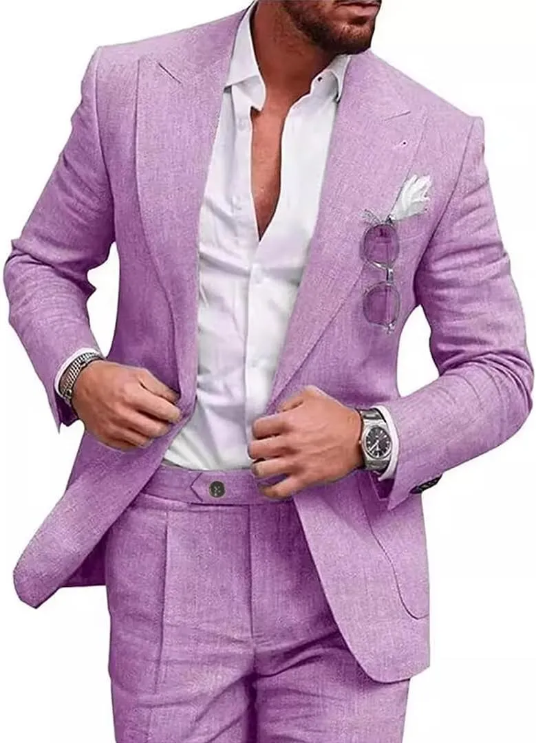 UNINUKOO Linen Suit for Men Summer Wedding 2 Piece Suit Set Peak Lapel Casual Blazer Pants Beach Wear for Men