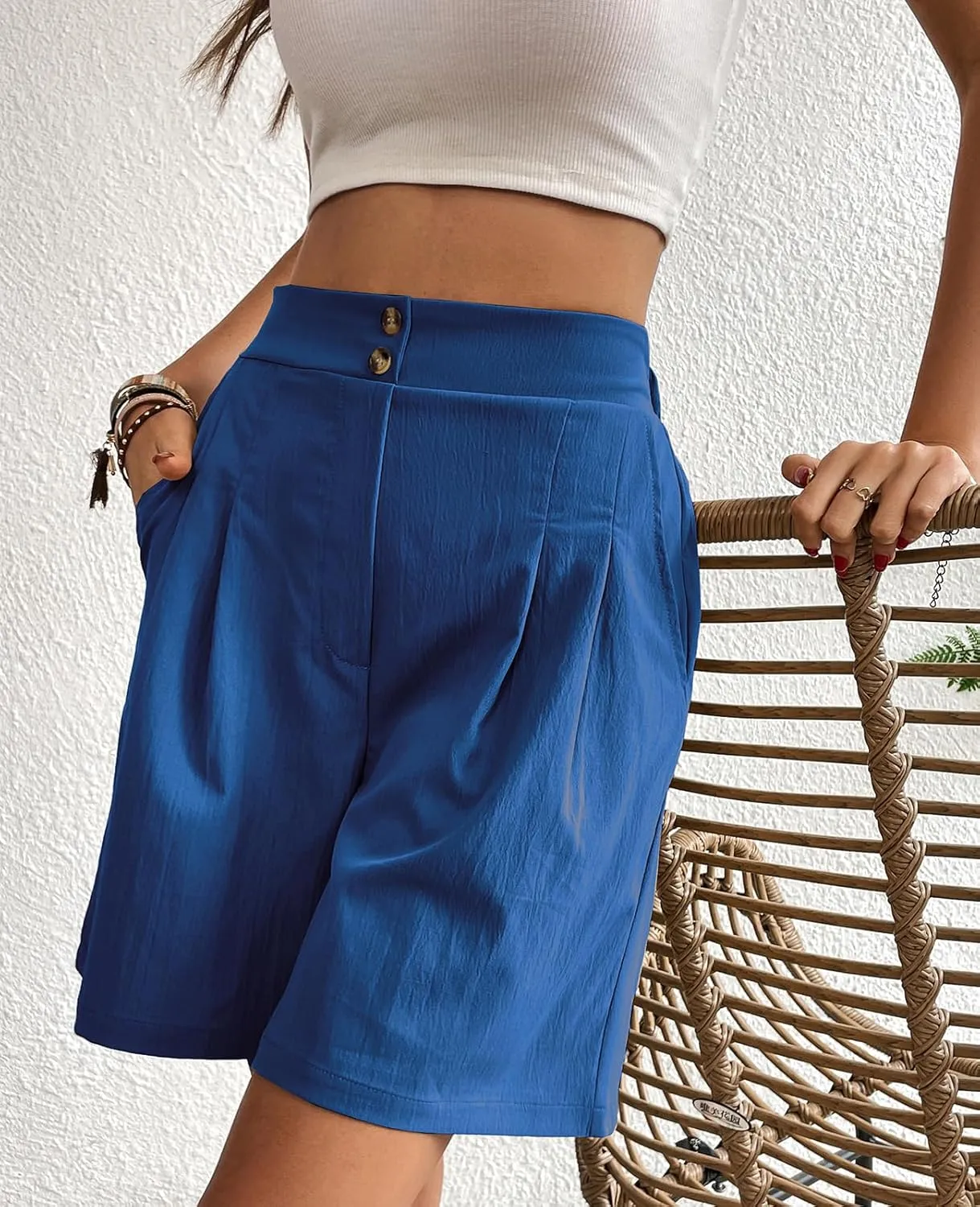 UONBOX Womens Casual Elastic Waist Shorts High Waist Wide Leg Dressy Pleated Business Work Trouser Shorts Without Pockets