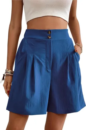 UONBOX Womens Casual Elastic Waist Shorts High Waist Wide Leg Dressy Pleated Business Work Trouser Shorts Without Pockets