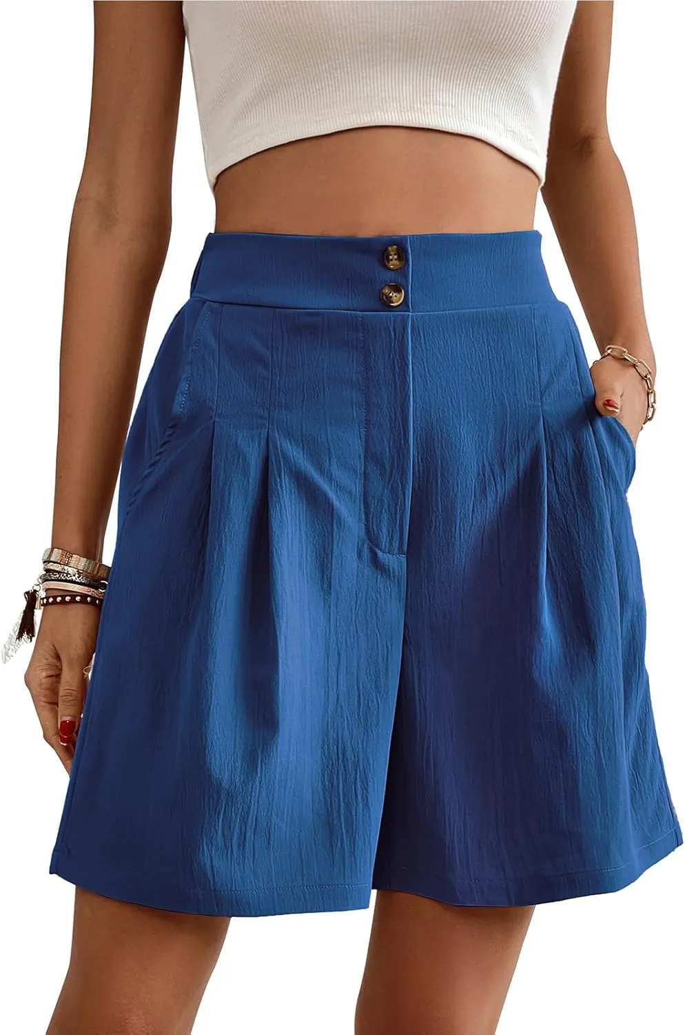 UONBOX Womens Casual Elastic Waist Shorts High Waist Wide Leg Dressy Pleated Business Work Trouser Shorts Without Pockets