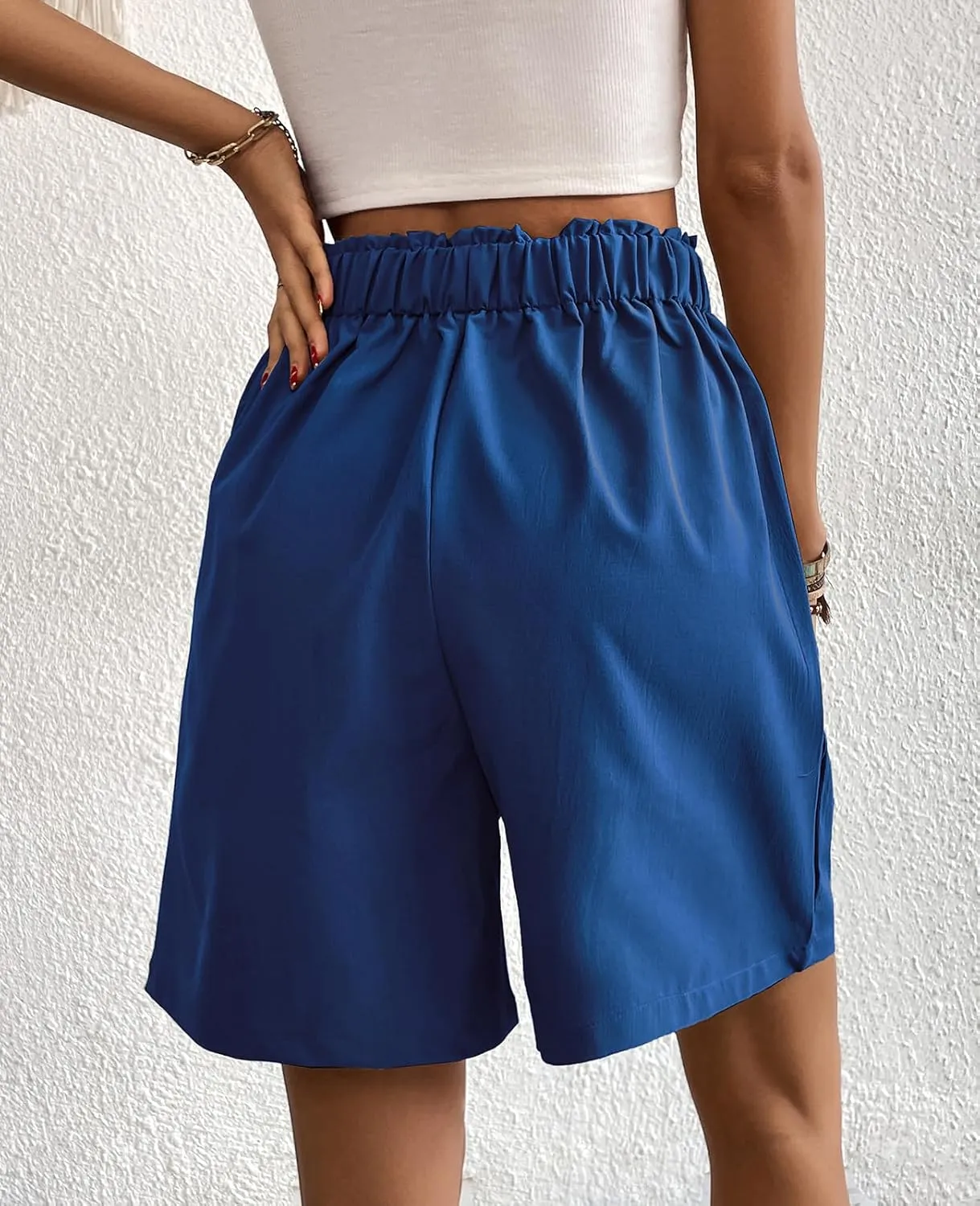UONBOX Womens Casual Elastic Waist Shorts High Waist Wide Leg Dressy Pleated Business Work Trouser Shorts Without Pockets