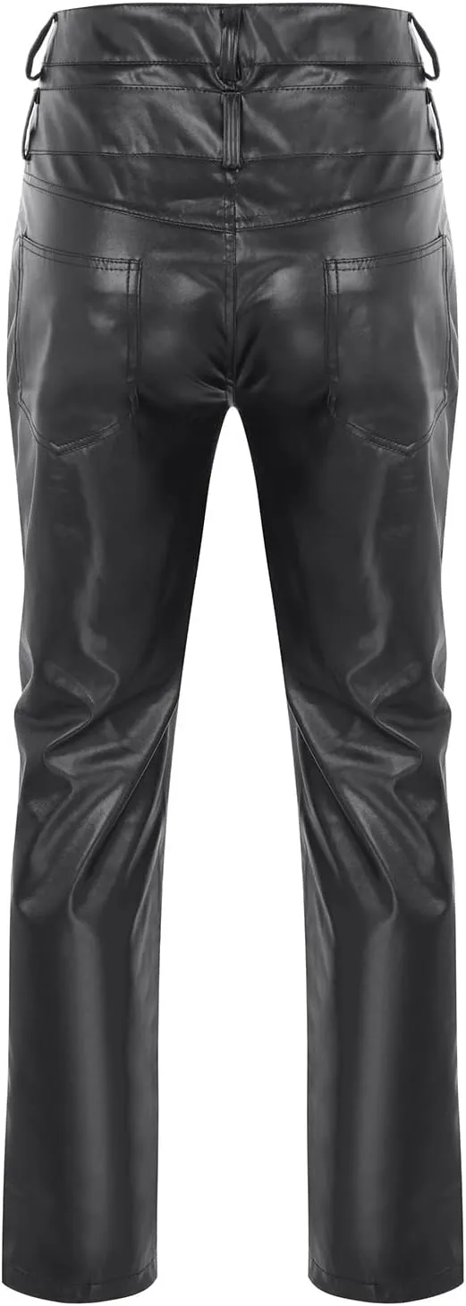 WABEOR Men's Slim Fit Faux Leahter Pants Straight Stretch Biker Pants Plus Size Fashion Punk Motorcycle Pleather Trousers