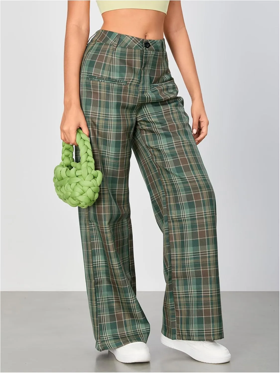 WDIRARA Women's Plaid Wide Leg Pants Casual High Waist Long Pants Trousers