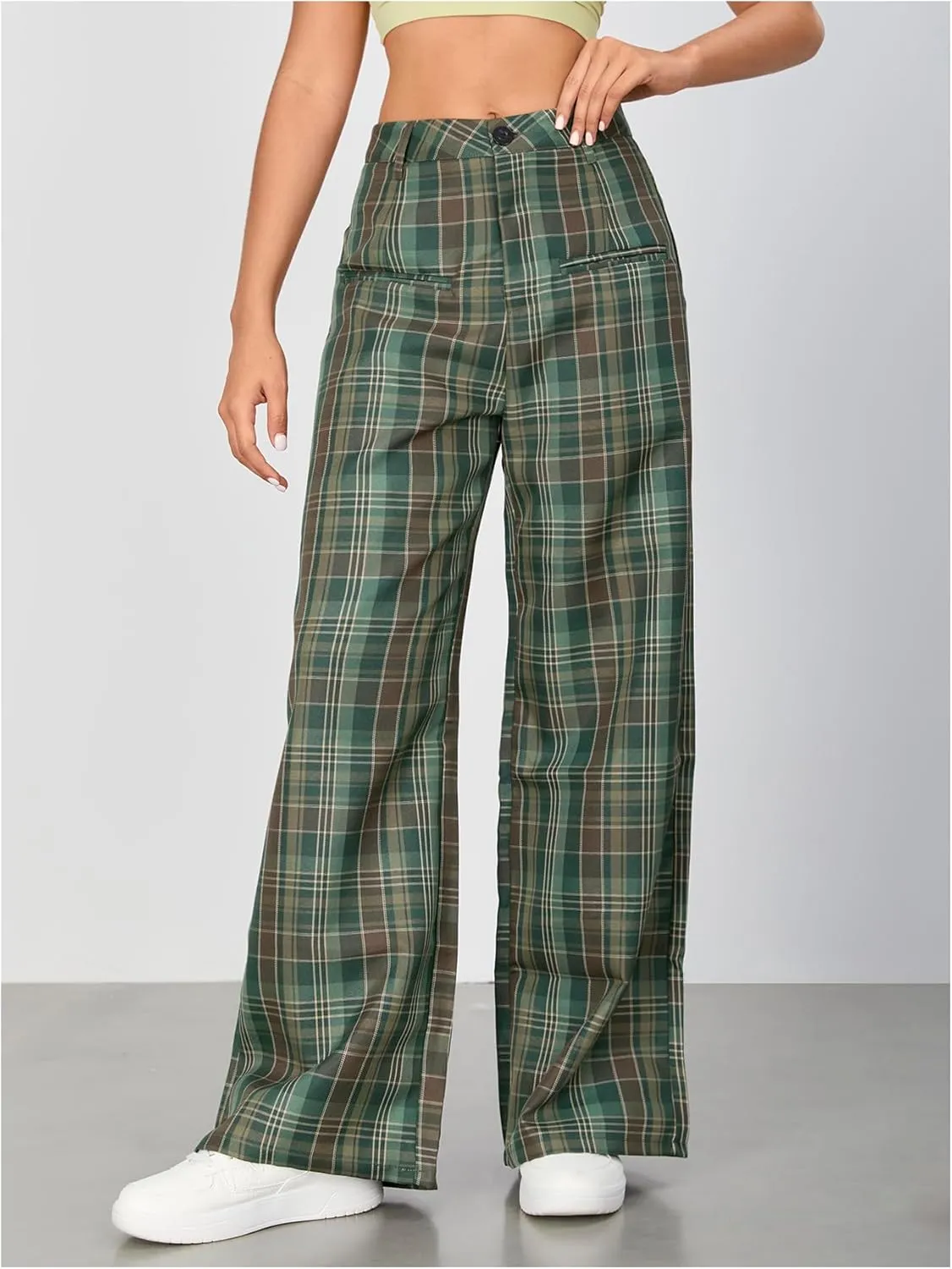 WDIRARA Women's Plaid Wide Leg Pants Casual High Waist Long Pants Trousers