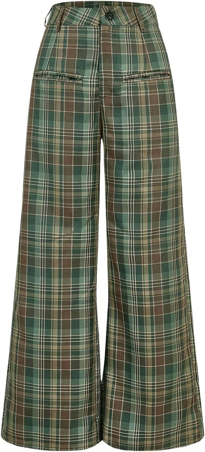 WDIRARA Women's Plaid Wide Leg Pants Casual High Waist Long Pants Trousers