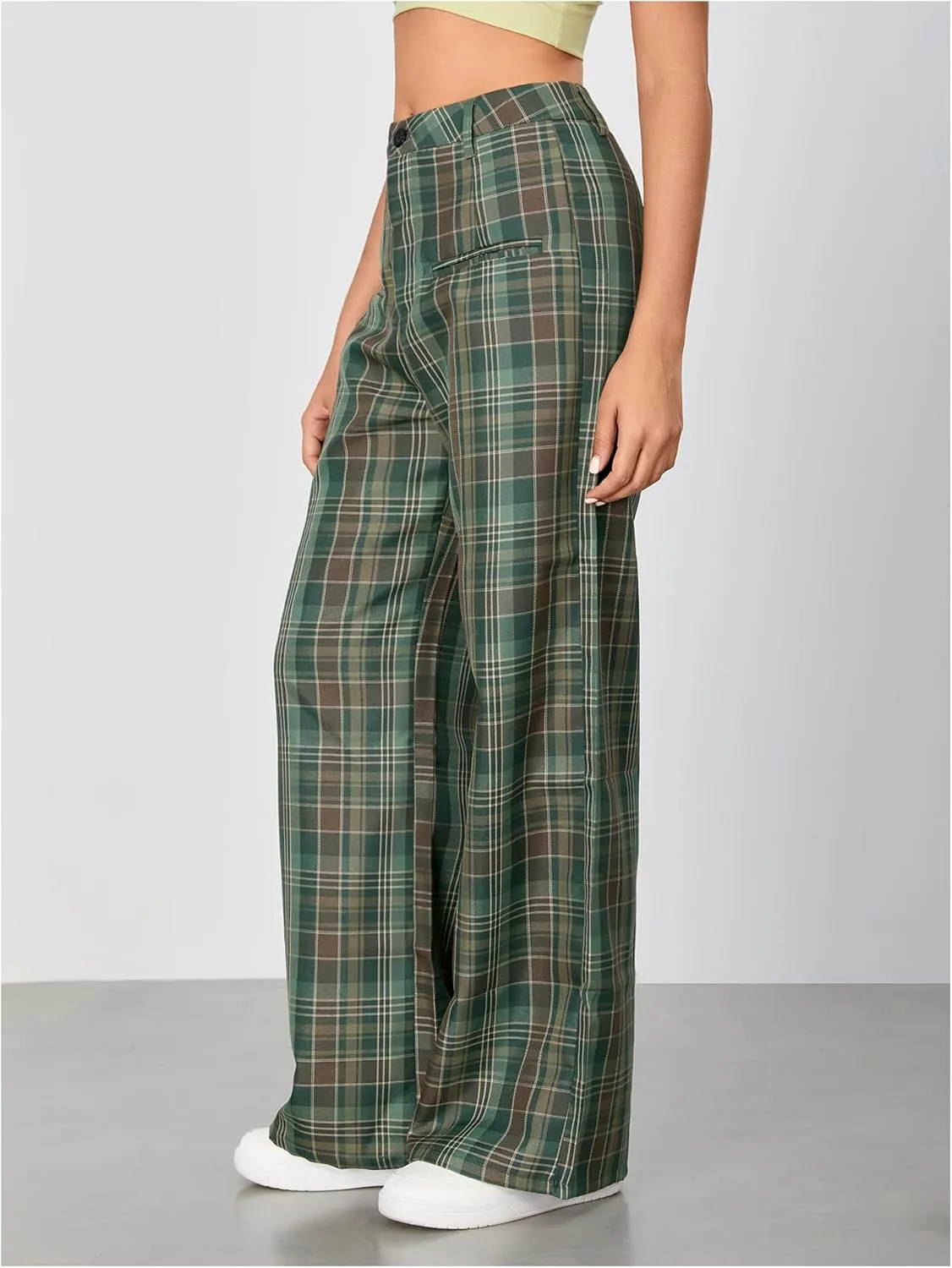 WDIRARA Women's Plaid Wide Leg Pants Casual High Waist Long Pants Trousers
