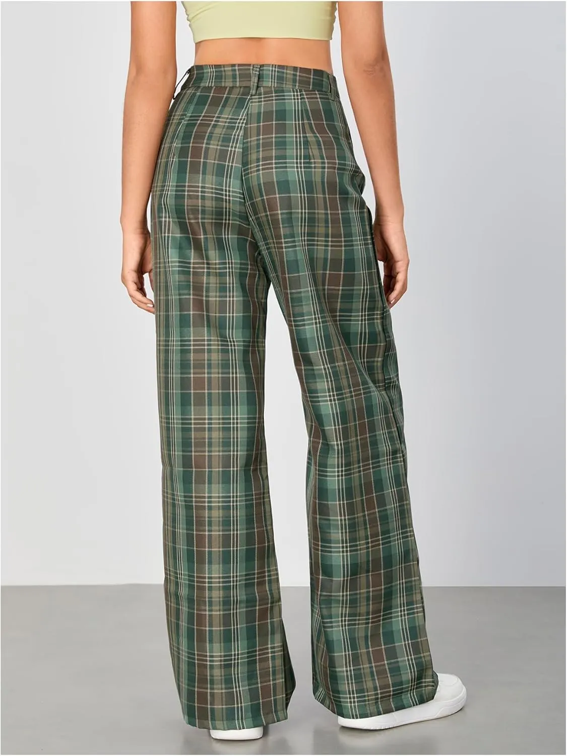 WDIRARA Women's Plaid Wide Leg Pants Casual High Waist Long Pants Trousers