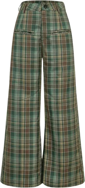 WDIRARA Women's Plaid Wide Leg Pants Casual High Waist Long Pants Trousers