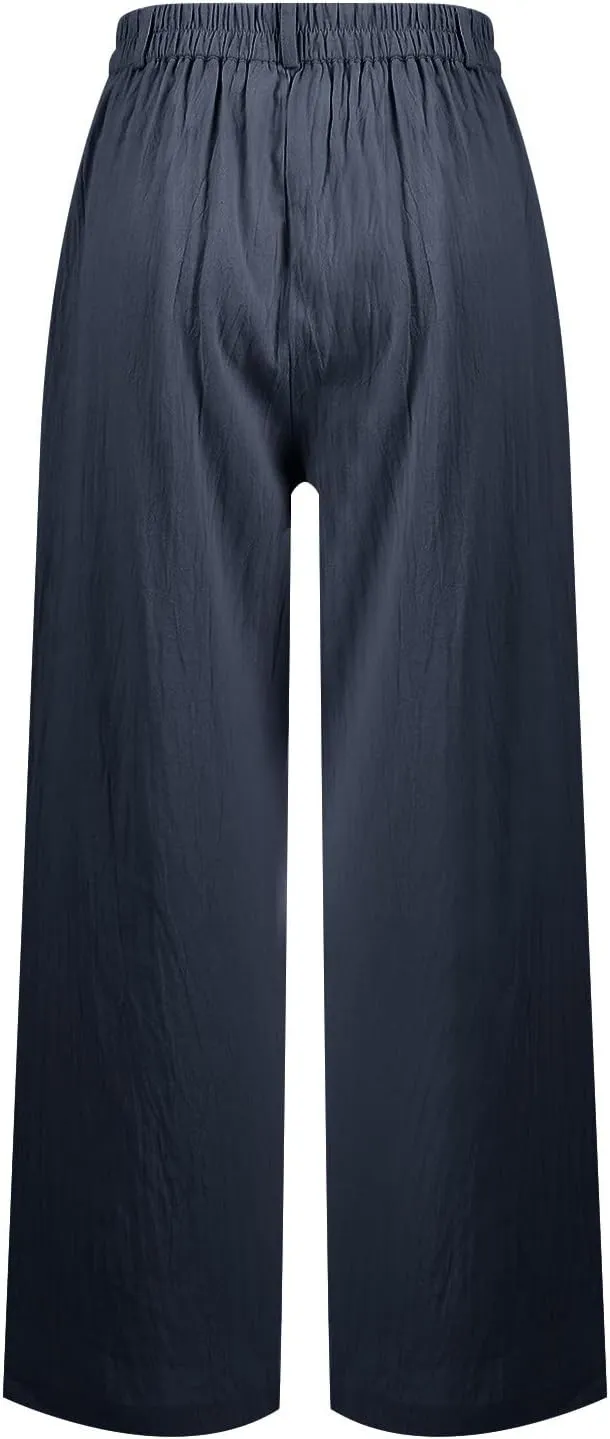Wide Leg Linen Pants for Women Dressy Button Down High Waisted Palazzo Pants Summer Work Trousers Slacks with Pockets