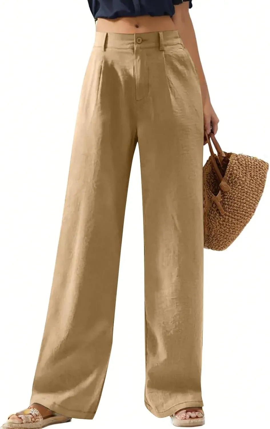 Wide Leg Linen Pants for Women Dressy Button Down High Waisted Palazzo Pants Summer Work Trousers Slacks with Pockets