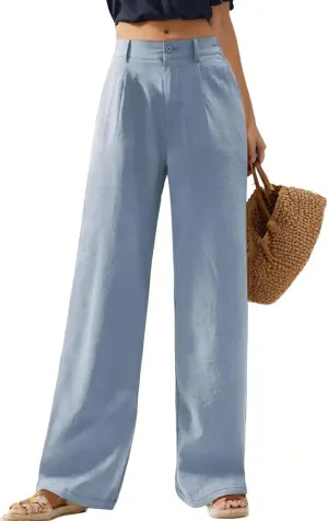 Wide Leg Linen Pants for Women Dressy Button Down High Waisted Palazzo Pants Summer Work Trousers Slacks with Pockets