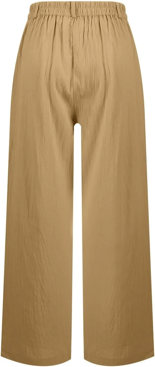 Wide Leg Linen Pants for Women Dressy Button Down High Waisted Palazzo Pants Summer Work Trousers Slacks with Pockets